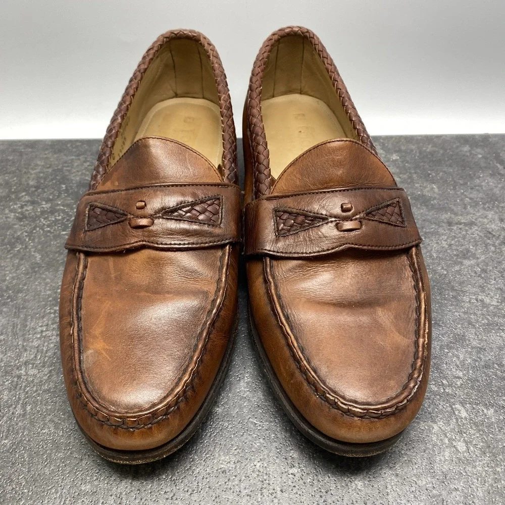 Vintage FootJoy Brown Leather Loafers Mens 10 C Woven Accent 77749 Made In USA